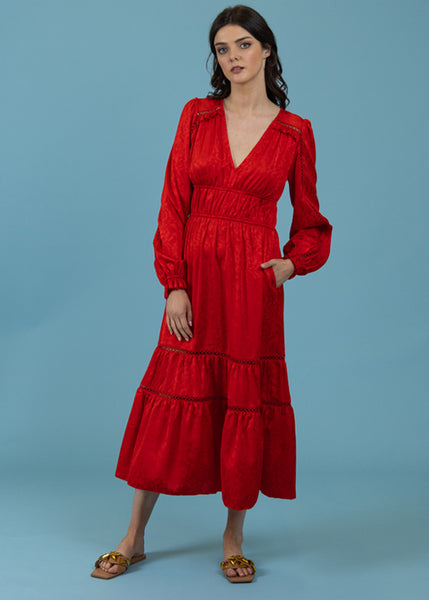 Red silky  jacquard Dress