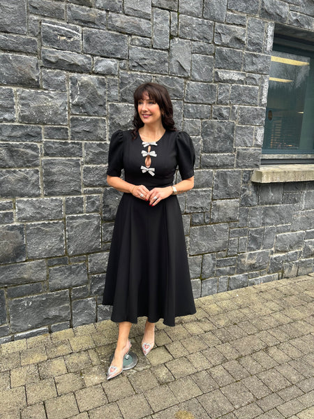 Black crystal bow midi flare dress