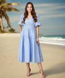 Chambrè blue cotton midi dress