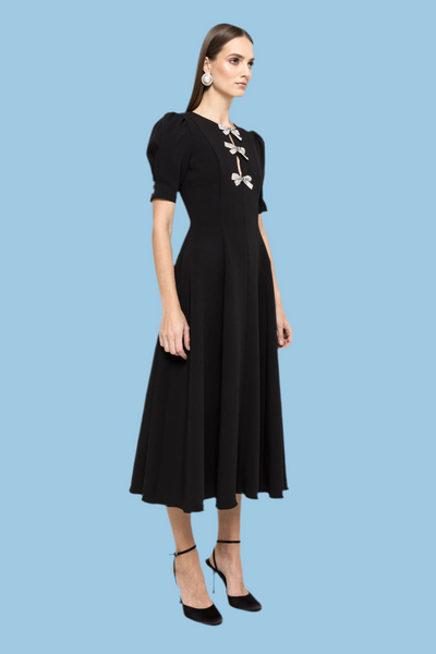 Black crystal bow midi flare dress