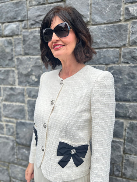 Ivory boucle black bow jacket