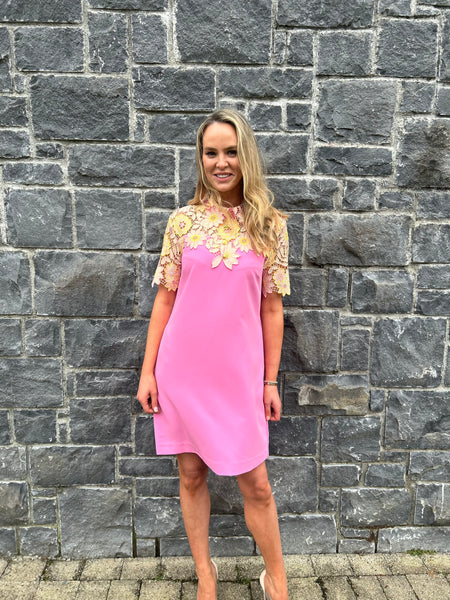 Pink and lemon Lace detail dress “ In Store “