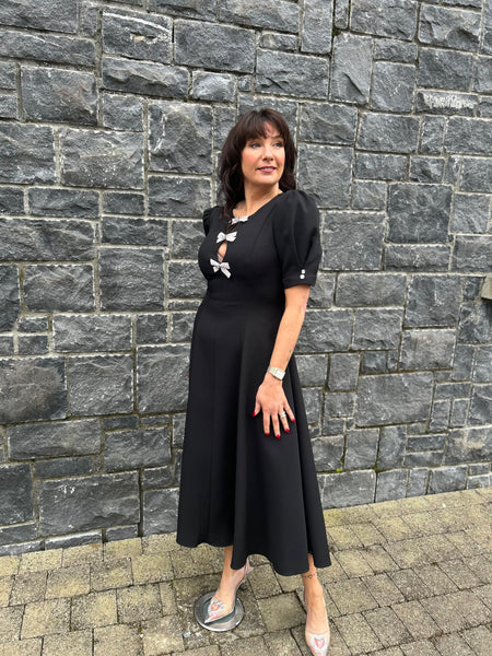 Black crystal bow midi flare dress