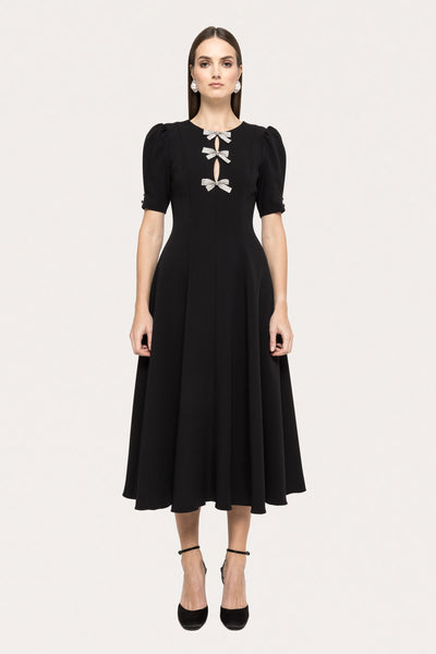 Black crystal bow midi flare dress