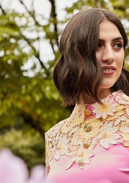 Pink and lemon Lace detail dress “ In Store “