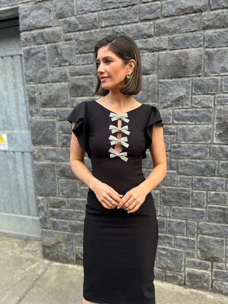 Crystal bow midi pencil dress