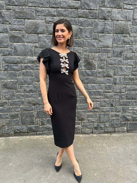 Crystal bow midi pencil dress