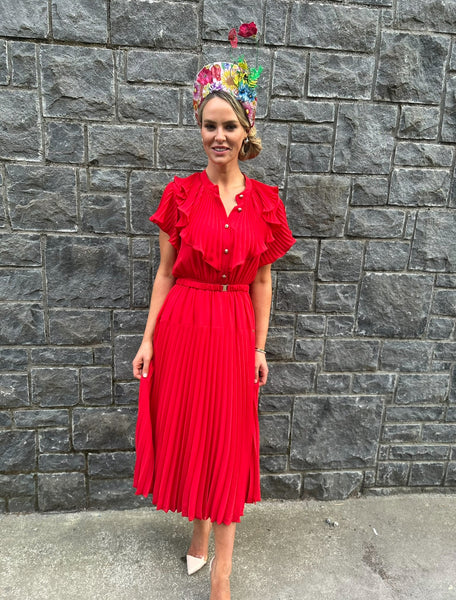Red pleated midi Dress