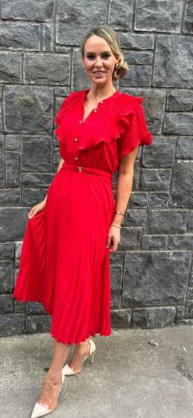 Red pleated midi Dress