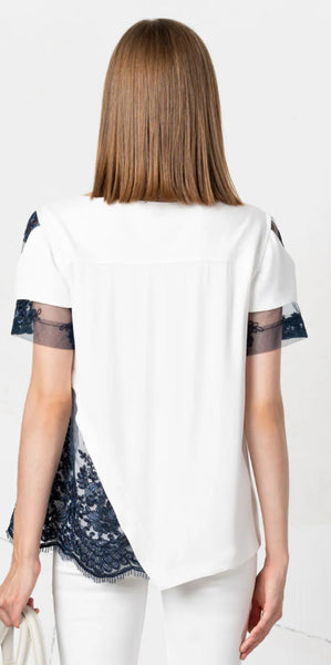 Elisa white-navy lace inserts Tee