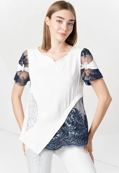 Elisa white-navy lace inserts Tee