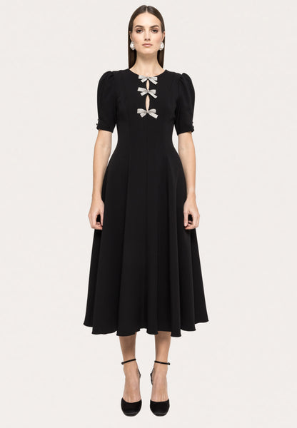 Black crystal bow midi flare dress
