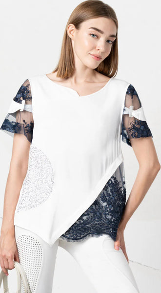 Elisa white-navy lace inserts Tee