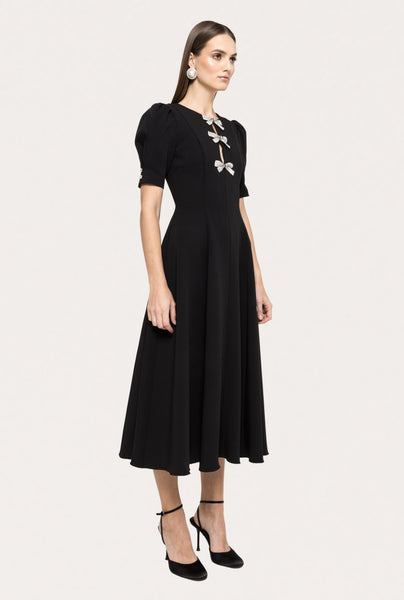 Black crystal bow midi flare dress