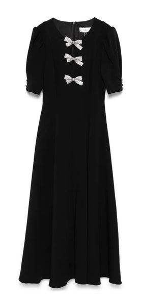Black crystal bow midi flare dress