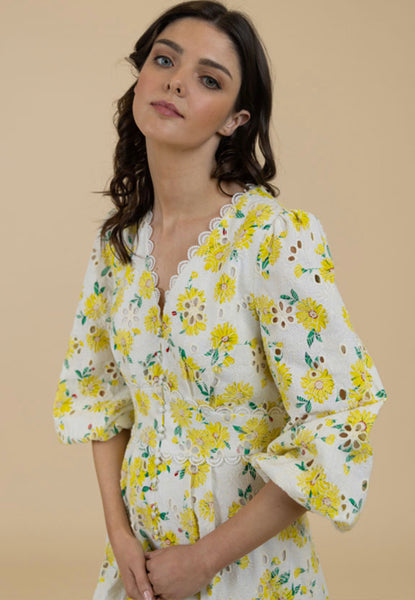 Lemon Daisy Embroidered MIDI Dress