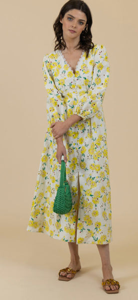 Lemon Daisy Embroidered MIDI Dress