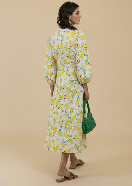 Lemon Daisy Embroidered MIDI Dress